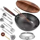 NEW Wok Pan SET Carbon Steel 13'' Chinese Flat Bottomed