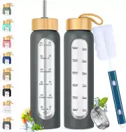 32 Oz Glass Water Bottles with Straw - Motivational Glass Water Bottle with Time