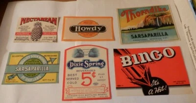 ~6~ SODA BOTTLE LABELS ORIGINAL DIXIE SPRINGS THORNDIKE BINGO HOWDY PAPER POP