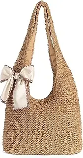 [CorkAllin] Straw Beach Bag for Women - Handmade Raffia Woven Tote Handbag, Summer Mesh Beach Purse for Vacation Holiday, Brown