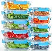 MINYII 10 Pack Glass Food Storage Containers with Lids, Meal Prep Pantry Kitchen Storage Containers for Lunch, Leak Proof, Airtight Glass Lunch Bento Boxes for Microwave, Oven, Freezer (10-blue-01)