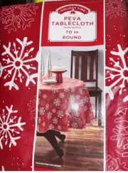 Holiday Time Peva Tablecloth Red & White Snowflakes 70” Round New