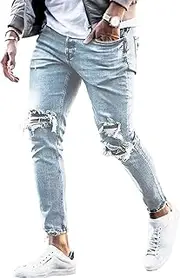 [Zylphorix] Men Stretch Mid Waist Ripped Denim Pant Casual Street Pencil Jeans with Holes Y2K Classic Skinny Motorbike Trousers, Light Blue6, Medium