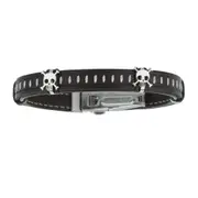 Mens Dark Leather Bracelet With Stainless Steel Skulls And Deployment Clasp, 8.5"