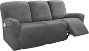 Smarcute 8 Piece Recliner Chair Cover Velvet Stretch Reclining Sofa Cover Couch Cover for 3 Cushion Seat Sofa Slipcover Furniture Covers Form Fit Removalable Thick Soft Washable (3 Seater, Grey)
