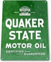 QUAKER STATE MOTOR OIL TIN SIGN CERTIFIED GUARANTEED PENNSYLVANIA COMPANY GARAGE