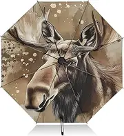 [PDZRMY] Moose Retro Art UV Protection Travel Umbrella Compact for Rain and Sun - Auto Open and Close UPF 50+ Windproof Portable 46” Sun Umbrella for Women and Men