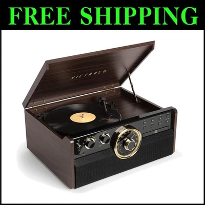 Classic Espresso Bluetooth Turntable with 3-Speed and Built-In Speakers - 6-in-1