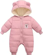 [Happy Cherry] Baby Fleece Snowsuit Romper Hooded Footed Onesies Flannel Zipper Jumpsuit Winter Coat Outfit Suit for Baby Boy Girl Pink, 18-24 Months