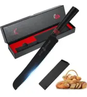 TUO Japanese Serrated Bread Knife 9" - Super Sharp Carving Knife Black