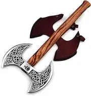 Viking Double Edge Hand Forged Axe - Ash Wood & High Carbon Steel - Camping, Fantasy Axe with Leather Sheath