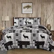 Market & Place 3 Piece Reversible Quilt Set with Shams | All-Season Soft & Lightweight Bedspread | Rustic Lodge Cabin Plaid Patchwork Design | Everest Collection (King, Grey/Taupe)