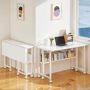 [EqiEch] Folding Table,Writing Computer Desk Small Foldable Desk Space Saving Computer Table with Bookshelf & Wheels Study Office Desk Foldable Table for Home Office ，Easy Assembly（White）