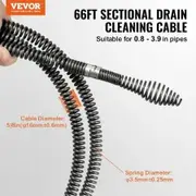 Drain Cleaning Cable 66 FT x 5/8 Inch Professional Sectional Drain Cleaner Cable with 7 Cutters for 0.8" to 3.9" Pipes Hollow Core Sewer Drain Auger Cable