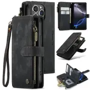 CaseMe C30 For Apple iPhone 16 Plus Vintage Leather Folio Zipper Wallet Case with Magnetic Closure and 7 Card Slots (Black)