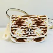 TORY BURCH WOVEN LEATHER BRITTEN SMALL SADDLE CROSSBODY BAG