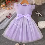 Girls Purple Solid Casual Dress with Ribbon