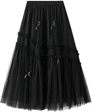[Generic] Women Bows Tulle Splicing Skirt Big Swing A-Line Pleated Skirts Elastic Waist Midi Party Skirt for Prom