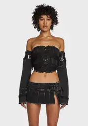 [DARKER WAVS] Replay Lace-Up Corset And Gloves Set - Black