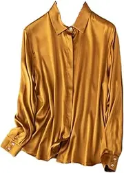 [Generic] Women Solid Shirts 100% Real Silk Long Sleeves Blouses Spring Summer Office Ladies Tops