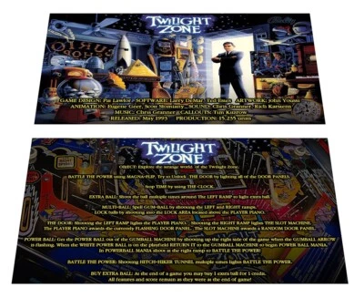 Bally Twilight Zone Pinball Custom Apron Instruction Cards v2