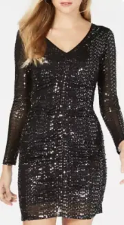 Women’s Formal Dress Size 14 GUESS Black Long Sleeve Sequins Short Body Con NEW