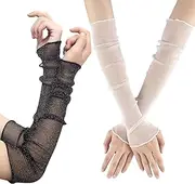 [Isslly] 2 Pairs Long Mesh Gloves for Women, Black/White Arm Sleeves, Fingerless Sun UV Protection Summer Cooling Arm Covers for Women, Girls for Outdoor, Halloween, Parties, Black, White, One size