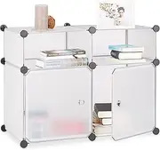 Relaxdays Shelving System, 4 Compartments, Plastic Shelving Unit with Doors, Bathroom Shelf, H x W x D: 56 x 75 x 37 cm, Transparent