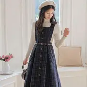 Set: Mock Neck Plain Sweater + Plaid Overall Midi A-Line Dress Set of 2 - Sweater & Dress - Navy Blue & Beige - S