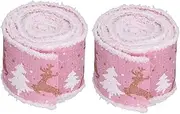 XIASABA 2 Rolls Christmas Ribbon 5m Wired Edge Pink Linen and Iron Wire Ribbon Ideal for DIY Gift Wrapping Craft and Home Festival Decoration