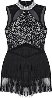 [Linjinx] Kids Girls Sequin Fringe Latin Dance Dress Ballet Jazz Tango Salsa Samba Rumba Dance Performance Costume Dancewear