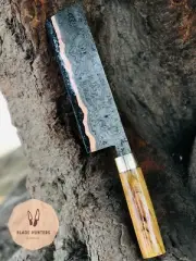 Custom Handmade Copper Damascus Chef Cleaver / Butcher Knife With Leather Sheath