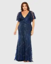 Mac Duggal Plus Size 18 Navy 68432 Embellished V-Neck Flutter Sleeve Gown Dress