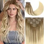 Loxxy Seamless Clip in Extensions Remy Human Hair Thick End Invisible Balayage PU Clip in Skin Weft Hair Extensions Natural Straight 16Inch 110gram 7 PCS Light Brown Fading To Bleach Blonde #B8/60