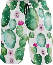 [GuoChe] Men's Beach Shorts Green Western Cactus Plant Quick Dry Swimwear Holiday Beach Short Bathing Suits Mesh Lining