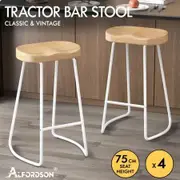ALFORDSON 4x Bar Stools 75cm Tractor Kitchen Wooden Vintage Chair White