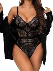 [Aranmei] Women Sexy Lingerie Bodysuit Lace Teddy Snap Crotch V Neck Cut Out One Piece Babydoll Underwire