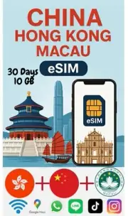 Best CHINA HongKong Macao esim Data Travel e sim 5G /4G 30 Days 10 GB
