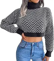 Zylphorix Women's Cropped Zigzag Pattern Sweater - Long Sleeve High Neck Knitted Pullover Top