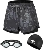 [AutoWT] Men's Swim Trunks Set, 2 in 1 Beach Pants Quick-Dry Swim Shorts with Compression Liner, Swimming caps and Goggles for Swimming and Diving Beach