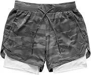 [BLEXX] Mens Camo Running Shorts 2 in 1 Shorts Men Quick Drying Breathable Training Exercise Jogging Sport Shorts Double-Deck Fitness Jogging Workout Shorts