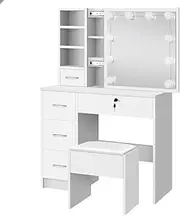 ALFORDSON Dressing Table Stool Set Makeup Vanity Table with Sliding Mirror & 10 Adjustable Light Bulbs, Vanity Desk Dresser Organiser with Storage Drawers Shelves for Bedroom Dressing Room (White)