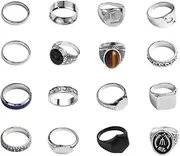 [Vctitil] 16Pcs Men Vintage Ring Set Geometric Trendy Fashion Jewelry Alloy Titanium Steel Niche Design Star Ring Set for Birthday Gift(Mix), Non-Precious Metal, No Gemstone