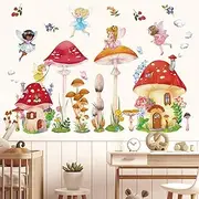 DECOWALL DS12-8075 Mushroom and Fairies Wall Stickers Decals Kids Baby Cute Nursery décor Room playroom Living Bedroom Princess Girls Decorations Kitchen Bathroom Forest Aesthetic Boho Art Colorful
