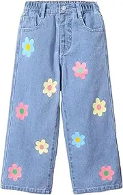 [Floerns] Girl's Floral Pattern Kids Jeans Elastic Waist Wide Leg Denim Pants
