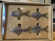 NEW! Pottery Barn Silver Fish Napkin Rings Tabletop Tablescape Textured