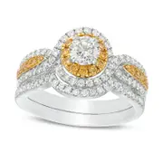 1.13 CT. T.W. Yellow and White Natural Diamond Frame Twist Shank Bridal Engagement Ring Set in Solid 14K Two-Tone Gold