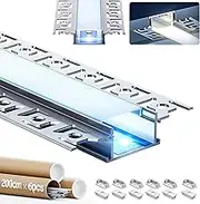 6 x Recessed Aluminium Led Profile 2 m (12 m) Led Profile for LED Strip up to 20 mm or two, Led Profile with Cream White Cover, Led Channel and LED Diffuser with End Caps - 2000 x 55.5 x 14.9 mm