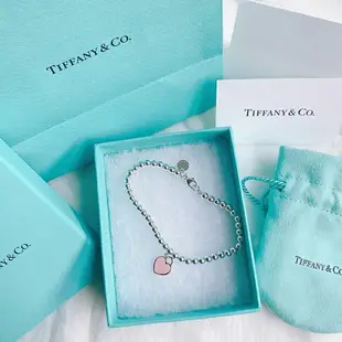 美國百分百【全新真品】Tiffany & Co. 串珠手鍊 女 手環 琺瑯愛心 純銀 專櫃禮盒 粉紅 BC44