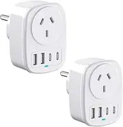AU to EU Travel Adapter 2pcs, Autralia to European Travel Plug with 4 USB Ports(2 USB C), Europe Ground Outlet for AUS to Germany Spain France Bali Greece Netherlands Turkey Iceland, Type E/F
